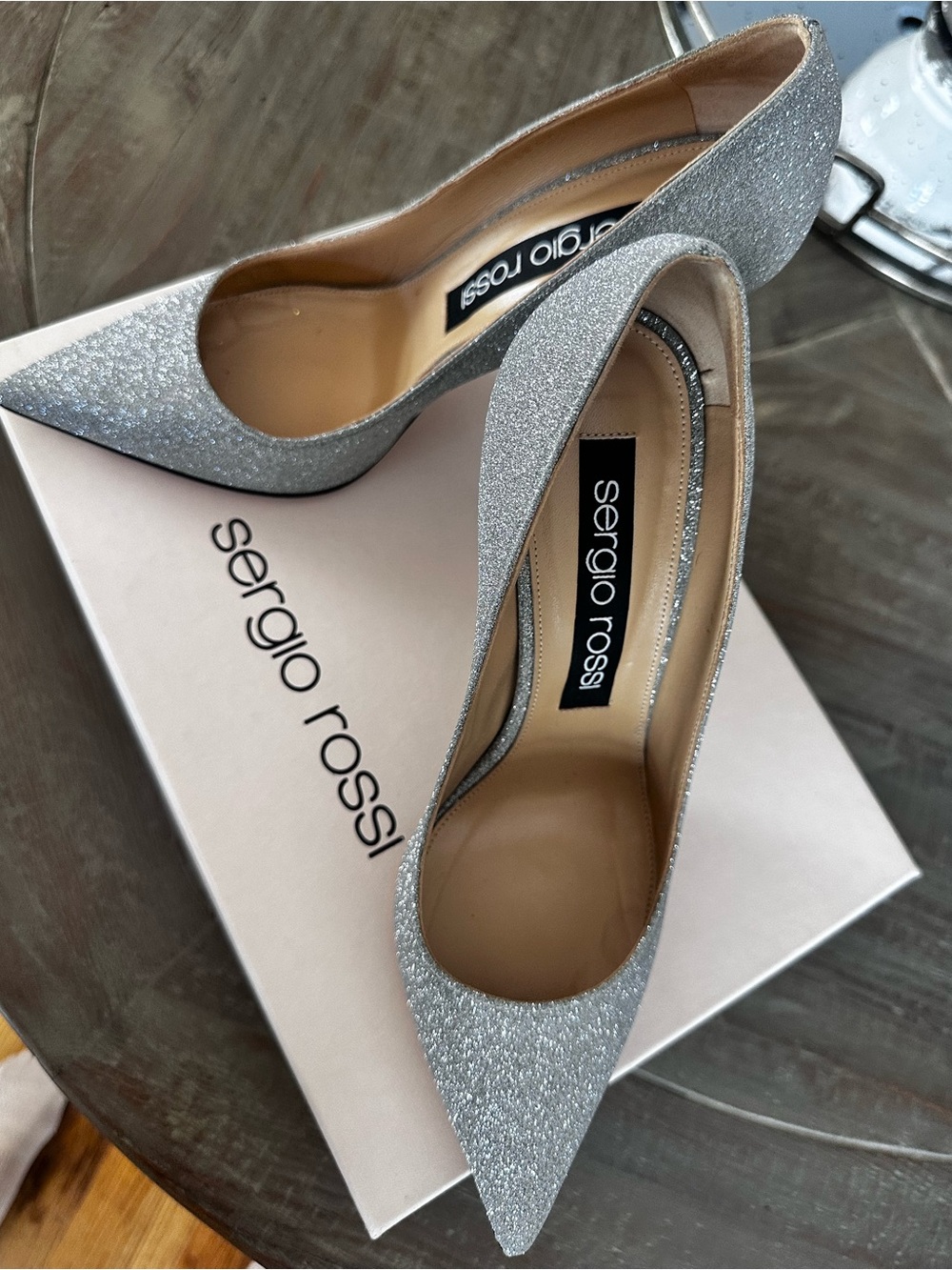 Sergio Rossi Glitter Silver Pointed Toe Pumps